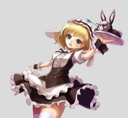 Rule 34 | 1girl, :d, animal, animal ears, apron, arm up, black hairband, black skirt, blonde hair, blouse, breasts, center frills, commentary request, dutch angle, fleur de lapin uniform, floppy ears, frilled apron, frilled hairband, frilled shirt, frilled skirt, frills, gochuumon wa usagi desu ka?, green eyes, grey background, hairband, holding, holding tray, kirima syaro, looking at viewer, open mouth, puffy short sleeves, puffy sleeves, rabbit, rabbit ears, shirt, short sleeves, simple background, skirt, small breasts, smile, sue (bg-bros), teeth, thighhighs, tray, upper teeth only, waist apron, white apron, white shirt, white thighhighs, wild geese, wrist cuffs