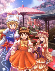 Rule 34 | 3girls, alternate color, alternate eye color, alternate hair color, animal ears, animal hat, arm ribbon, beige dress, blonde hair, blush, bow, brown hair, cat ears, cat tail, chen, cherry blossoms, commentary request, cup, dress, flame print, forest, fox statue, fox tail, frilled skirt, frills, green headwear, hair between eyes, hair bow, hat, hat ribbon, holding hands, light brown hair, long sleeves, looking at another, looking at viewer, millipen (medium), mob cap, mountain, multiple girls, multiple tails, nature, neck ribbon, nib pen (medium), oil-paper umbrella, open mouth, outdoors, puffy long sleeves, puffy sleeves, purple eyes, red ribbon, red skirt, red vest, ribbon, sash, shiizako you, shrine, sidelocks, sitting, skirt, skirt set, smile, statue, steam, tabard, tail, teacup, torii, touhou, traditional media, two tails, umbrella, vest, white dress, wide sleeves, yakumo ran, yakumo yukari, yellow neckwear