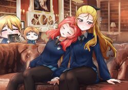 Rule 34 | 4girls, absurdres, assam (girls und panzer), black pantyhose, blonde hair, blush, bookshelf, braid, breasts, camera, closed eyes, closed mouth, couch, darjeeling (girls und panzer), embarrassed, french braid, girls und panzer, hair ribbon, head on another&#039;s shoulder, highres, indoors, library, long hair, medium hair, mizzterbii, multiple girls, open mouth, orange hair, orange pekoe (girls und panzer), pantyhose, red hair, ribbon, rosehip (girls und panzer), saliva, school uniform, sleeping, small breasts, smile, st. gloriana&#039;s school uniform, taking picture, yuri