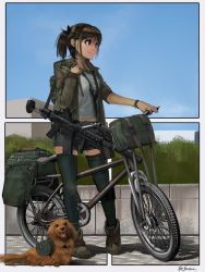 Rule 34 | 1girl, ankle boots, assault rifle, backpack, bad id, bad pixiv id, bag, between breasts, bicycle, blue eyes, blurry, boots, border, breasts, brown hair, contrapposto, dog, furukawa herzer, gun, gun sling, hand up, highres, holster, jacket, midriff peek, military, original, pouch, rifle, short twintails, shorts, signature, smile, solo, standing, strap between breasts, thigh holster, thighhighs, twintails, watch, weapon, wristwatch, zettai ryouiki