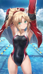 Rule 34 | 1girl, alternate costume, blonde hair, braid, breasts, commentary, competition swimsuit, covered navel, fate/apocrypha, fate (series), french braid, green eyes, hair ornament, hair scrunchie, highres, jacket, lane line, long hair, looking at viewer, mordred (fate), mordred (fate/apocrypha), one-piece swimsuit, parted bangs, ponytail, pool, red scrunchie, scrunchie, sidelocks, small breasts, smile, solo, swimsuit, thighs, tonee