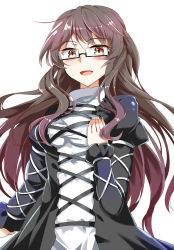 Rule 34 | 1girl, :d, alternate hair color, bespectacled, black-framed eyewear, black dress, black hair, blush, breasts, brown eyes, cross-laced clothes, dress, e.o., glasses, gradient hair, hand on own chest, highres, hijiri byakuren, juliet sleeves, long hair, long sleeves, looking at viewer, medium breasts, multicolored hair, open mouth, puffy sleeves, purple hair, sidelocks, simple background, smile, solo, touhou, turtleneck, upper body, white background
