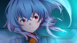 1girl blue_hair blue_jacket chinese_wolfberry close-up closed_mouth collared_jacket commentary_request hair_between_eyes highres jacket looking_to_the_side neckerchief orange_neckerchief original portrait red_eyes smile solo