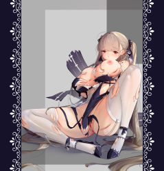 Rule 34 | 1girl, absurdres, ass, azur lane, black footwear, breasts, bruise, dress, formidable (azur lane), full body, garter straps, highres, injury, large breasts, long hair, looking at viewer, nipples, platinum blonde hair, pussy, red eyes, simple background, skindentation, solo, thigh strap, thighhighs, torn clothes, torn dress, torn thighhighs, twintails, uncensored, very long hair, whatwine, white thighhighs