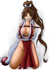 Rule 34 | 1girl, arms behind back, bdsm, blush, bondage, bound, breasts, cleavage, embarrassed, gag, hair tie, knot gag, long hair, rope, sad, shiranui mai, solo, the king of fighters