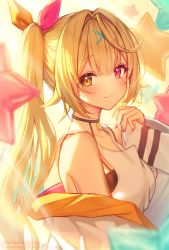 Rule 34 | 1girl, blonde hair, closed mouth, hair ornament, hand up, heterochromia, highres, hoshikawa sara, jacket, long hair, looking at viewer, nail polish, nijisanji, off shoulder, open clothes, open jacket, pink eyes, pink nails, ponytail, shirt, sleeves past wrists, smile, solo, toma (norishio), twitter username, upper body, virtual youtuber, white shirt, x hair ornament, yellow eyes