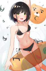 Rule 34 | 1girl, absurdres, bad id, bad pixiv id, ball, beachball, bikini, black bikini, black hair, breasts, canizzz, commentary request, fang, feet out of frame, green eyes, halterneck, highres, innertube, korean commentary, looking at viewer, open mouth, original, short hair, side-tie bikini bottom, small breasts, smile, solo, string bikini, swim ring, swimsuit, white background