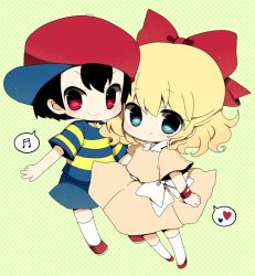 Rule 34 | 1boy, 1girl, bad id, bad pixiv id, black hair, blonde hair, blue eyes, child, green background, haru (kyou), hat, heart, mother (game), mother 2, musical note, ness (mother 2), nintendo, paula (mother 2), red eyes, ribbon, simple background, smile, speech bubble, spoken heart, spoken musical note