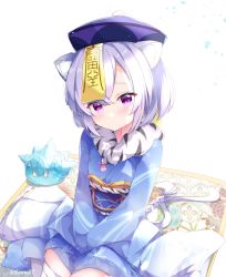Rule 34 | 1girl, absurdres, animal ear fluff, animal ears, between legs, blue kimono, chinese zodiac, closed mouth, crystal, fuuna, genshin impact, hair between eyes, hand between legs, hat, highres, japanese clothes, kemonomimi mode, kimono, long sleeves, looking at viewer, obi, ofuda, purple eyes, purple hair, purple hat, qingdai guanmao, qiqi (genshin impact), sash, simple background, sitting, slime (creature), solo, thighhighs, tiger ears, wariza, white background, white thighhighs, year of the tiger