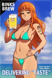 Rule 34 | 1girl, akairiot, alcohol, aqua bikini, arm tattoo, beer, beer mug, bikini, blue sky, blush, breasts, brown eyes, cleavage, cloud, collarbone, cover, cowboy shot, cup, english text, fake cover, foam, glint, grin, hand on own hip, hand up, highres, holding, holding cup, large breasts, long hair, looking at viewer, magazine cover, mug, nami (one piece), navel, ocean, one piece, orange hair, side-tie bikini bottom, skull and crossbones, sky, smile, solo, stomach, strap gap, swimsuit, tattoo, wavy hair