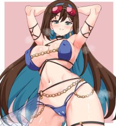 Rule 34 | 1girl, aqua hair, arm strap, armpits, arms behind head, arms up, assault lily, bare shoulders, bikini, black choker, blue bikini, blue hairband, blush, border, breasts, brown hair, cameltoe, choker, colored inner hair, commentary request, covered erect nipples, cowboy shot, criss-cross halter, earrings, eyewear on head, from below, gluteal fold, green eyes, grin, groin, hairband, halterneck, ishizuka fujino, jewelry, large breasts, long hair, looking at viewer, mak066, multi-strapped bikini bottom, multicolored hair, navel, o-ring, official alternate costume, outside border, parted lips, pink background, red-tinted eyewear, see-through, simple background, single earring, smile, solo, steaming body, stomach, sunglasses, sweat, swimsuit, thigh strap, tinted eyewear, two-tone hair, very long hair, white border