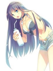 Rule 34 | 1girl, bikini, blue eyes, cross, cross necklace, drink, drinking straw, echo (circa), fate/grand order, fate (series), jewelry, long hair, martha (fate), martha (swimsuit ruler) (fate), necklace, open clothes, open shorts, purple hair, shorts, solo, sweat, swimsuit, white background