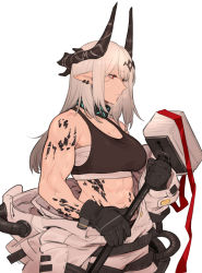 Rule 34 | 1girl, abs, arknights, black gloves, ear piercing, gloves, hammer, highres, holding, holding hammer, holding weapon, horns, infection monitor (arknights), maiqo, material growth, mudrock (arknights), mudrock (elite ii) (arknights), muscular, muscular female, oripathy lesion (arknights), piercing, pointy ears, red eyes, simple background, solo, sports bra, sweat, weapon, white background, white hair