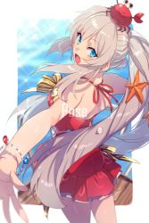 Rule 34 | 1girl, blue eyes, blush, bracelet, commentary request, crab, echo (circa), fate/grand order, fate (series), female focus, hair between eyes, hair ornament, jewelry, long hair, looking at viewer, looking back, marie antoinette (fate), marie antoinette (fate/grand order), marie antoinette (swimsuit caster) (fate), open mouth, silver hair, solo, swimsuit, twintails