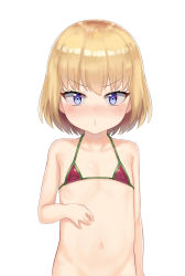 Rule 34 | 10s, 1girl, atg (wttoo0202), bikini, bikini top only, blonde hair, blue eyes, blush, bottomless, flat chest, girls und panzer, highres, katyusha (girls und panzer), looking at viewer, micro bikini, navel, out-of-frame censoring, outie navel, red bikini, short hair, simple background, solo, swimsuit, v-shaped eyebrows, white background