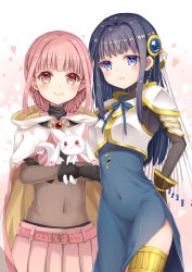 Rule 34 | 2girls, absurdres, armor, blue dress, blue eyes, blue hair, blue ribbon, blunt bangs, blush, bodysuit, braid, cape, closed mouth, covered navel, dress, french braid, frown, highres, long hair, looking at viewer, magia record: mahou shoujo madoka magica gaiden, mahou shoujo madoka magica, miniskirt, multiple girls, nanahosiryuuki, nanami yachiyo, neck ribbon, pauldrons, pink hair, pink skirt, pleated skirt, red eyes, ribbon, shoulder armor, side slit, skirt, small kyubey, smile, standing, straight hair, tamaki iroha, thighlet, very long hair, white background, white cape