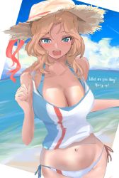 Rule 34 | 1girl, bikini, blonde hair, blue eyes, blue sky, breasts, camisole, cleavage, cloud, cloudy sky, commentary request, day, english text, girls und panzer, hair intakes, half-closed eyes, halterneck, hat, hat ribbon, horizon, kay (girls und panzer), kyougi sharyou, large breasts, long hair, looking at viewer, navel, no pants, ocean, open mouth, outdoors, ribbon, shirt, side-tie bikini bottom, sky, smile, solo, standing, straw hat, summer, sun hat, swimsuit, tankini, water, white hat, white shirt