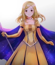 Rule 34 | 1girl, :|, blonde hair, blue cape, blush, brown eyes, cape, choker, closed mouth, dress, elbow gloves, gloves, jewelry, long hair, looking at viewer, octopath traveler, octopath traveler i, ophilia (octopath traveler), short hair, simple background, smile, staff, wspread, yellow dress, yellow eyes, yellow gloves