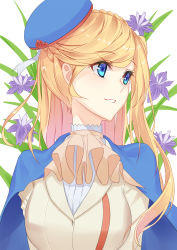 Rule 34 | 1girl, 5plus, alternate costume, beige coat, blade of grass, blonde hair, blouse, blue cape, blue eyes, blue hat, braid, cape, coat, crown braid, eyelashes, floral background, floral print, flower, frills, hat, highres, long hair, looking away, open mouth, purple flower, ribbon, richelieu (warship girls r), shirt, smile, solo, upper body, warship girls r, white background, white shirt