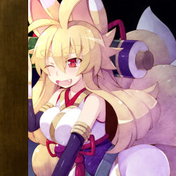 Rule 34 | 1girl, ;d, animal ears, antenna hair, blonde hair, blush, breasts, eyebrows, fang, fox ears, fox tail, izuna (shinrabanshou), large breasts, long hair, multiple tails, one eye closed, open mouth, red eyes, saru 000, shinrabanshou, simple background, smile, solo, tail