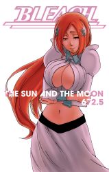 Rule 34 | 1girl, bleach, breasts, center opening, hair ornament, highres, inoue orihime, large breasts, long hair, orange hair, solo, tagme