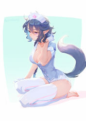 Rule 34 | 1girl, barefoot, black hair, braid, braided ponytail, breasts, cleavage, dog tail, earrings, full body, genderswap, genderswap (mtf), gloves, grey shirt, hand up, hat, highres, hoop earrings, jewelry, lanxi zhen, large breasts, long hair, pointy ears, purple eyes, seiza, shirt, shorts, sitting, solo, suncle, tail, luo xiaohei zhanji, thighhighs, white gloves, white shorts, xuan li (the legend of luoxiaohei)