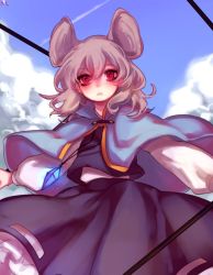 Rule 34 | 1girl, animal ears, bad id, bad twitter id, blush, capelet, cloud, day, dowsing rod, grey hair, jewelry, long sleeves, looking at viewer, mouse ears, nazrin, necklace, parted lips, red eyes, shirt, short hair, skirt, skirt set, sky, solo, tail, tis (shan0x0shan), touhou, vest