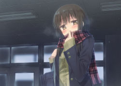 Rule 34 | 1girl, bad id, bad pixiv id, bag, black coat, blush, breasts, brown eyes, brown hair, carrying bag, carrying over shoulder, ceiling, ceiling light, classroom, coat, commentary, condensation, dark room, door, green sweater, half-closed eyes, hand to own mouth, indoors, long sleeves, looking at viewer, medium hair, original, plaid, plaid scarf, red scarf, scarf, school, school bag, school uniform, solo, sweater, tsuke (maholabo), upper body, window, window fog