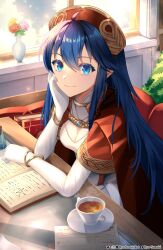 Rule 34 | 1girl, absurdres, ahoge, blue eyes, blue hair, book, breasts, cape, cup, dress, elbow gloves, fire emblem, fire emblem: the binding blade, fire emblem heroes, flower, gloves, hair between eyes, hat, head rest, highres, indoors, jewelry, lilina (fire emblem), lilina (firelight leader) (fire emblem), long hair, looking at viewer, medium breasts, mixed-language commentary, nintendo, official alternate costume, open book, plate, red cape, red hat, rose, ryo-suzuki, sitting, solo, table, teacup, white dress, white gloves
