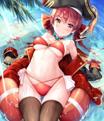 Rule 34 | 1girl, :d, afloat, anchor symbol, bare shoulders, bikini, black coat, black hat, black legwear, blush, breasts, choker, coat, day, epaulettes, grin, hair ribbon, hat, heterochromia, highres, hololive, houshou marine, innertube, light rays, long hair, long sleeves, looking at viewer, medium breasts, mogmog, navel, off shoulder, open clothes, open coat, open mouth, outdoors, pirate hat, red bikini, red choker, red eyes, red hair, red ribbon, ribbon, smile, solo, stomach, sunbeam, sunlight, swim ring, swimsuit, teeth, thigh gap, thighs, twintails, underboob, very long hair, virtual youtuber, water, yellow eyes