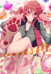 Rule 34 | 1girl, :d, animal ears, animal hands, ankle socks, bag, bear ears, bear paws, blush, breasts, buttons, candy, choker, chromatic aberration, collarbone, commentary, denim, denim jacket, feet out of frame, food, from above, gloves, grin, gummy bear, hair ornament, hairclip, high heels, jacket, large breasts, legs up, light blush, long hair, looking at viewer, lying, miniskirt, on back, open mouth, original, paw gloves, paw pose, paw print, pink-framed eyewear, pink-tinted eyewear, pink-tinted glasses, pink hair, pocket, purple eyes, scrunchie, sidelocks, simple background, skirt, sleeves rolled up, smile, socks, solo, sunglasses, swept bangs, tinted eyewear, tomari (veryberry00), twitter username, two side up, unbuttoned, vest, white background