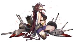 Rule 34 | 1girl, bare shoulders, black thighhighs, boots, breasts, brown hair, full body, head tilt, impossible clothes, impossible shirt, kneeling, large breasts, long hair, loose thighhigh, midriff, nagato (warship girls r), official art, pleated skirt, ponytail, purple eyes, remodel (warship girls r), rigging, shirt, sideboob, skirt, solo, thighhighs, transparent background, turret, very long hair, warship girls r, zi se