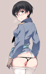 Rule 34 | 1girl, ass, black eyes, black hair, blush, breath, butt crack, clothes pull, clothing cutout, dimples of venus, eini a lukkanen, em (totsuzen no hakike), glasses, heart, heart cutout, looking at viewer, looking back, no pants, panties, pantyhose, pantyhose pull, short hair, simple background, smile, solo, standing, strike witches, underwear, uniform, world witches series
