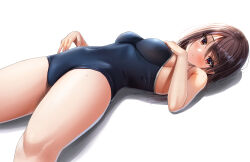 Rule 34 | 1girl, bare arms, black one-piece swimsuit, blush, breasts, brown hair, commentary request, competition school swimsuit, covered navel, highres, long hair, looking at viewer, lying, medium breasts, mole, mole on arm, on back, one-piece swimsuit, original, parted lips, red eyes, school swimsuit, school uniform, shadow, sideboob, simple background, swimsuit, thighs, white background, yukemuriganmo