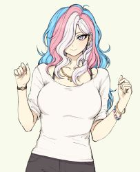 Rule 34 | 1girl, bangle, black pants, blue hair, blue nails, bra strap, bracelet, breasts, closed mouth, collarbone, ear piercing, earrings, eleonore (pas (paxiti)), hair over one eye, hands up, highres, jewelry, large breasts, lgbt pride, long hair, looking at viewer, multicolored eyes, multicolored hair, multicolored nails, nail polish, necklace, original, pants, pas (paxiti), piercing, pink hair, pink nails, shirt, short sleeves, simple background, smile, solo, standing, transgender, transgender flag, upper body, watch, wavy hair, white hair, white nails, white shirt, wristwatch, yellow background