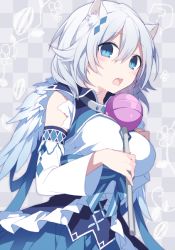 Rule 34 | 1girl, angel wings, animal ears, blue eyes, breasts, candy, detached collar, hamster ears, hijiri (resetter), large breasts, lollipop, long sleeves, looking at viewer, open mouth, original, oversized object, shirt, silver hair, skirt, solo, wide sleeves, wings
