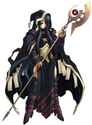 Rule 34 | 1girl, black hair, blue eyes, boots, cloak, hood, jewelry, knee boots, long hair, ring, simple background, solo, staff, very long hair, weapon