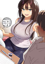Rule 34 | 1boy, 1girl, armpits, blue eyes, blue pants, blush, bra visible through clothes, breasts, brown hair, closed mouth, commentary, denim, eraser, grey sweater, hair between eyes, indoors, jeans, large breasts, long hair, looking at another, looking at viewer, mechanical pencil, no eyes, notebook, original, pants, paper, pencil, petting, ribbed sweater, simple background, sitting, sleeveless, sleeveless sweater, smile, solo focus, straight hair, sweater, table, taniguchi daisuke (surumenium), taut clothes, wariza, white background, wooden floor