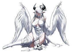 Rule 34 | 1girl, absurdres, angel wings, bare shoulders, bone, chain, commentary, commission, demon girl, demon horns, detached sleeves, english commentary, gloves, hair over one eye, highres, holding, holding skull, horns, long hair, looking at viewer, original, pointy ears, ryofu x, skull, solo, thighhighs, white gloves, white hair, white thighhighs, wings