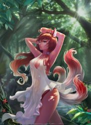 Rule 34 | 1girl, absurdres, animal ears, arm behind back, armpits, arms up, bangle, bare arms, bare legs, bare shoulders, blue eyes, bracelet, breasts, brown hair, brown panties, cleavage, collarbone, covered erect nipples, cowboy shot, day, dress, eyelashes, fei zen qq, flower, forest, fox ears, fox girl, fox tail, grass, hair between eyes, hair ornament, hair tie, hand on own head, highres, jewelry, large breasts, leaf, legs together, light rays, long hair, looking at viewer, nature, nose, original, outdoors, panties, partially submerged, plant, sleeveless, sleeveless dress, smile, solo, sunbeam, sunlight, tail, tree, underwear, wading, water, white dress
