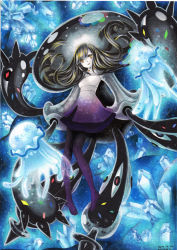 Rule 34 | 1girl, 2016, black hair, blonde hair, blunt bangs, breasts, creatures (company), crystal, dated, dress, eyeball, eyes visible through hair, floating, fusion, game freak, gen 7 pokemon, jellyfish, knees together feet apart, light particles, long hair, looking at viewer, lusamine (pokemon), monster girl, mosho, multicolored hair, nihilego, nintendo, open mouth, orange eyes, painting (medium), pantyhose, parted bangs, pokemon, pokemon (creature), pokemon sm, purple pantyhose, see-through, short dress, sleeveless, sleeveless dress, small breasts, sparkle, spoilers, streaked hair, tentacles, traditional media, turtleneck, ultra beast, very long hair, watercolor (medium)