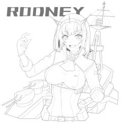 Rule 34 | 1girl, absurdres, belt, breasts, character name, clenched hand, flower, greyscale, headgear, highres, kantai collection, kukurus, large breasts, looking at viewer, medium hair, monochrome, neck flower, open mouth, rigging, rodney (kancolle), rose, simple background, solo, turret