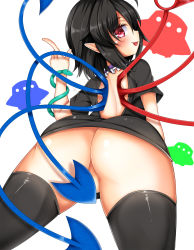 Rule 34 | 1girl, ass, asymmetrical wings, black dress, black hair, black thighhighs, bottomless, covering privates, covering crotch, daichi (tokoya), dress, highres, houjuu nue, looking at viewer, looking back, red eyes, smile, snake, solo, thighhighs, tokoya, tongue, tongue out, touhou, ufo, wings