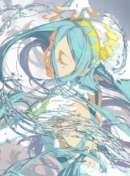 Rule 34 | 1girl, aqua hair, arm behind head, azura (fire emblem), backless dress, backless outfit, closed eyes, colored eyelashes, crying, detached sleeves, dress, feather trim, fingerless gloves, fire emblem, fire emblem fates, gloves, hair between eyes, headdress, highres, long hair, maze draws, nintendo, parted bangs, solo, teardrop, tears, upper body, water, water drop, white dress