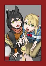 Rule 34 | 2girls, absurdres, animal ears, arm guards, arm support, armor, asymmetrical bangs, bare shoulders, between legs, black hair, black nails, blonde hair, blue capelet, blue shirt, body fur, border, bow, braid, breasts, brown skirt, capelet, cat ears, cat girl, cat tail, chinese commentary, crop top, dungeon meshi, elf, fed by viewer, feeding, food, from above, green eyes, grey background, hair between eyes, hand between legs, hand on ground, hand up, hands up, highres, holding, holding spoon, hood, hood down, hooded capelet, izutsumi, leather armor, long hair, long sleeves, looking up, marcille donato, midriff, mismatched animal ear colors, multicolored fur, multiple girls, nail polish, on ground, open mouth, pants, pointy ears, pov, pov hands, red bow, red scarf, scarf, seiza, shirt, short hair, side braid, sitting, skirt, sleeveless, spoon, tail, teeth, tongue, tongue out, yellow eyes, yellow pants, yunkey