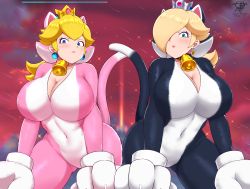 Rule 34 | 2girls, absurdres, all fours, animal costume, animal ears, animal hands, bell, blonde hair, blue eyes, breasts, cat costume, cat ears, cat peach, cat rosalina, cat tail, cleavage, covered navel, crown, gloves, gluteal fold, hair over one eye, highres, kaos art, large breasts, looking at viewer, mario (series), mini crown, multiple girls, neck bell, nintendo, official alternate costume, paw gloves, princess peach, rosalina, super bell, super mario 3d world, tail