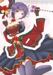 Rule 34 | 10s, 1girl, bell, blush, breasts, candy, candy cane, christmas, cleavage, food, frapowa, green eyes, huge breasts, long hair, looking at viewer, love live!, love live! school idol festival, love live! school idol project, purple hair, smile, solo, thighhighs, tojo nozomi