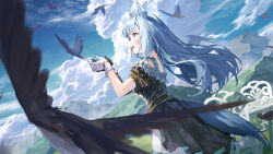 Rule 34 | 1girl, absurdres, animal ears, asymmetrical gloves, bird, black dress, black gloves, blue hair, blue sky, braid, chair, cloud, commentary request, crown braid, dress, elbow gloves, feet out of frame, frills, from side, gloves, hands up, highres, horse ears, horse girl, horse tail, light blue hair, long hair, mejiro ardan (umamusume), mismatched gloves, mountain, open mouth, outdoors, purple eyes, short sleeves, single elbow glove, single glove, sky, solo, table, tail, umamusume, very long hair, white gloves, yu hydra