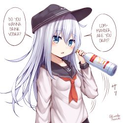 Rule 34 | 1girl, alcohol, black hat, blue eyes, blush, flat cap, hair between eyes, hard-translated, hat, hibiki (kancolle), highres, kantai collection, long hair, open mouth, silver hair, simple background, solo, speech bubble, tateishi kureha, third-party edit, translated, vodka, white background