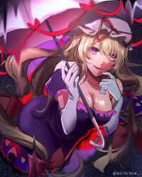 Rule 34 | 1girl, absurdres, blonde hair, bow, breasts, cleavage, dress, ekisutora, elbow gloves, finger to mouth, gloves, hair bow, hat, hat ribbon, highres, holding, holding umbrella, large breasts, long hair, medium breasts, mob cap, one-hour drawing challenge, puffy short sleeves, puffy sleeves, purple dress, purple eyes, ribbon, short sleeves, solo, touhou, umbrella, white gloves, yakumo yukari